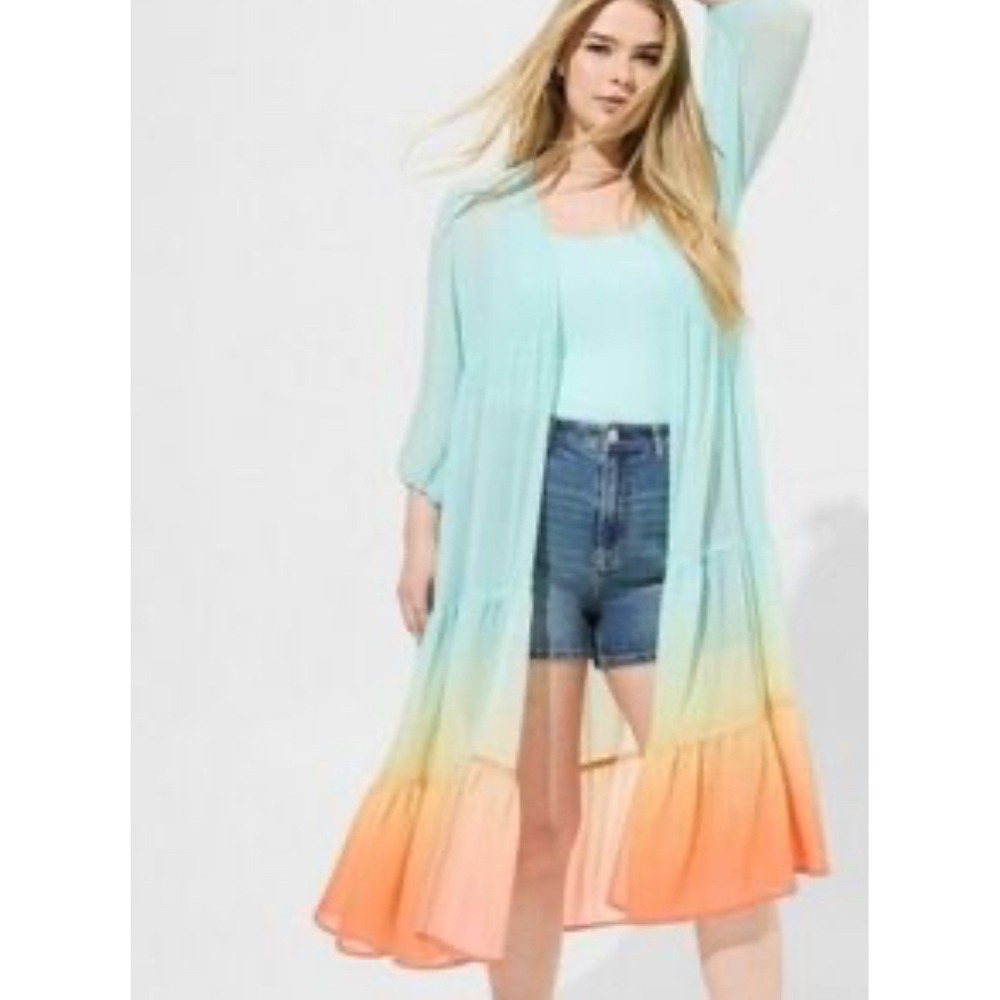 Torrid Chiffon Tiered Maxi Kimono Fade Sherbert Multi Ombre Blue Orange 5X 28